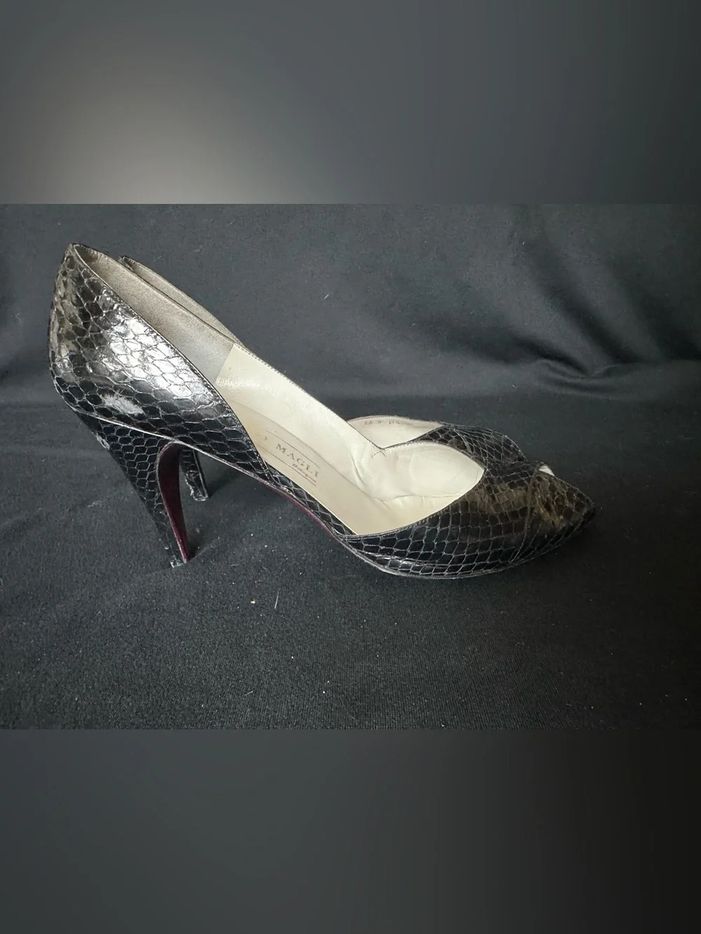 Bruno Magli Black Snakeskin Peep-Toe Heels with Red Heel Detail made in Italy 9